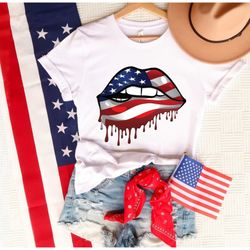 American Flag Dripping Lips Shirt, Women 4th of July Shirt, Fourth Of July Shirt, 4th July Lip Shirt, USA Shirt