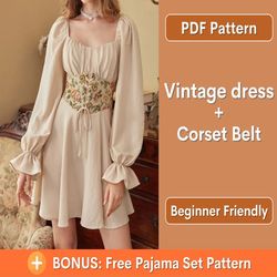 Vintage dress with corset belt sewing pattern, cottagecore dress pattern, corset belt pattern, vintage dress sewing