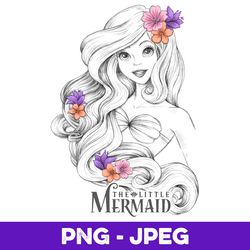 Disney The Little Mermaid Floral Ariel Line Portrait V1 , PNG Design, PNG Instant Download