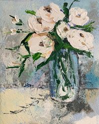 White flowers in a transparent vase. Abstract white blue artwork.