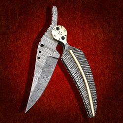 custom handmade damascus steel pocket folding knife hunting knife with leather sheath gift outdoor camping leaf knife