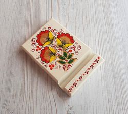 Russian hand-painted desktop phone holder - wooden stand for smartphone beige floral