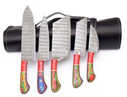 5 pcs custom handmade damascus steel kitchen chef knives set with leather sheath hand forged knives gift set mk058aa