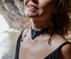 Labradorite macrame gemstone Necklace, tribal fusion semi precious stone bohemian jewelry,rhinestone healing pendant