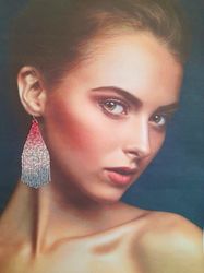 Rose grey beaded long tassels earrings. Fringe dangling beadwork earrings. Gift for woman. Streetwear trendy  jewelry.