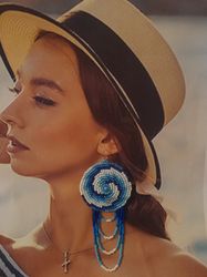 Blue white beaded spiral disk tassels earrings. Big beadwork  embroidery round earrings.  Beach studs. Gift for woman.