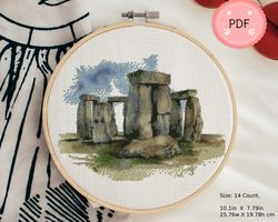 Cross Stitch Pattern,Watercolor Stonehenge,Art , PDF Format , Instant Download,Historical Landmark