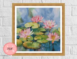 Lotus Flowers Cross Stitch Pattern,Watercolor,Water Lily,Pdf,Instant Download, Floral Xstitch Chart, Asian Style
