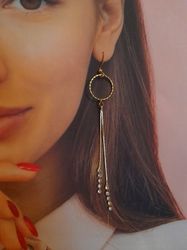 Long gold chains tassels circle crystal bar minimalistic earrings. Sparkly summer beach party jewelry. Gift for woman.