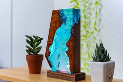 Jellyfish and Diver Epoxy Resin Wood Night light- Ocean Art Resin, Home decor unique gift, Lamp night. Lamp, Epoxy Lamp