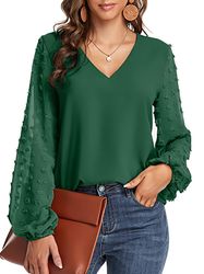 Women's Clothing, Swiss Dot Sleeve Shirt, Casual V Neck Solid Shirt For Spring & Fall,