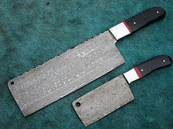 Stunning Custom Hand Made Damascus Steel Full Tang Clever Set Knife , Butcher Knife Set