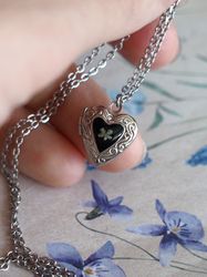 Pressed flower locket, Real flower small heart locket, Silver stainless steel necklace