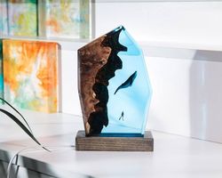 Oceanic Dreams Mother Child Humpback whales Night Light, Resin Wood Lamp, Gift for Father Mother, Birthday gift, Family