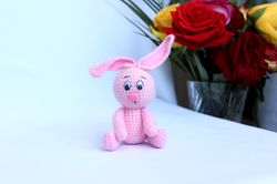 little pink bunny toy amigurumi gift for girl, handmade toy bunny for interior decor, crochet toy rabbit