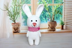 soft toy bunny gift for girl, handmade toy rabbit for interior decor, crochet toy amigurumi bunny in a scarf
