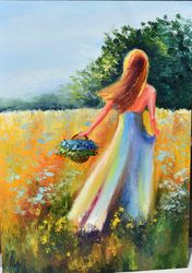 Girl with flowers, oil painting. The original painting was painted with a brush and a palette knife.
