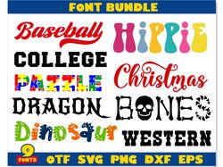 Font Bundle | Baseball font, Puzzle font, Bones font, Christmas font, College font, Dinosaur font, Dragon font