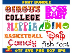 Font Bundle | Baby Boss Girl font, Circus font, Basketball font, Candy font, College font, Dinosaur font, Dripping font