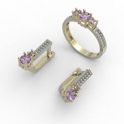 3d model of a jewelry ring and earrings with a large gemstones for printing. Engagement ring and earrings. 3d printing
