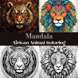 mandala animal coloring: elephant, lion, tiger, buffalo, giraffe art - digital pdf, 20 pages - relaxing coloring book