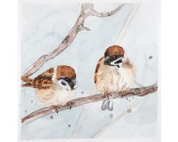 Two cute sparrows original watercolor painting couple of birds wall art little sparrow bird artwork nursery wall decor