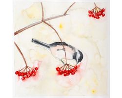 Black capped chickadee original watercolor painting little bird eats viburnum red berries artwork nursery wall decor