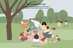 Summer picnic clipart, People, couples, friends, and families enjoying a picnic in park vector illustration