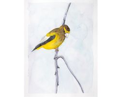 Evening Grosbeak bird original watercolor painting Hawfinch yellow bird tree artwork rustic kitchen home wall art decor