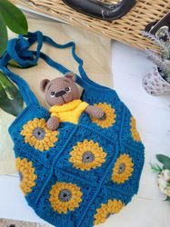 Blue Sunflower Bag, Sunflower Tote, Market Bag, Crochet Bag, Sunflower Purse, Drawstring Backpack, Handmade Tote