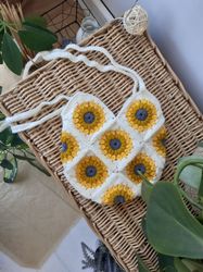 Sunflower Bag, Sunflower Tote, Market Bag, Crochet Bag, Sunflower Purse, Drawstring Backpack, Handmade Tote