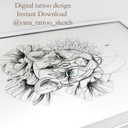 Lioness Tattoo Designs Female Lioness Tattoo Sketch With Flowers Geometric Tattoo Sketch, Instant download PDF, JPG, PNG