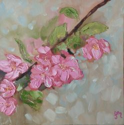 Apple Tree Flowers Original Oil Painting Country Still Artwork Blossom Wall Art Coral Flowers Painting Floral Art