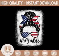Mom Life PNG 4th of July, Messy Bun American Mom Retro Design, PNG File, Sublimation Designs Downloads