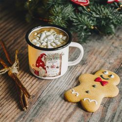 hot cocoa christmas enamel mug, christmas gift for family members, hot cocoa lovers christmas gifts, cute christmas mug