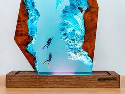 Anniversary gift,wood lamp,Gifts for him,Gifts for her,table lamp,Epoxy Resin Wood,unique lamp,ocean resin,Blue night
