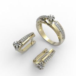 3d model of a jewelry ring and earrings with a large gemstone for printing. Engagement ring and earrings. 3d printing