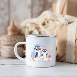Kindergarden penguins enamel mug with name personalization. Mug for kids that go to school or kindergarden. Penguins Wat