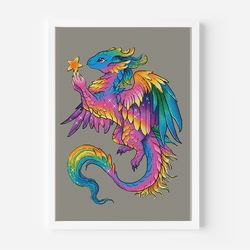 Rainbow Dragon Cross Stitch Pattern, Fantastic Beast Colorful Chart, Needlepoint Pattern, Embroidery Chart Printable PDF
