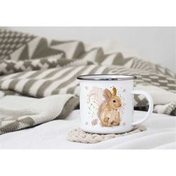 Bunny Mug, Easter Coffee Mug, Rabbit Coffee Cup, Easter Gifts, Boho Bunny Tea Cup, Easter Enamel Mug, Wine Tumbler Gift
