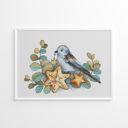Blue Bird Cross Stitch Pattern, Fall Wreath Embroidery, Star Counted Cross Stitch Digital PDF File, Bird Art