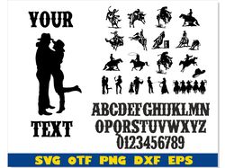 Western Font & Cowboy Silhouettes | cowboy svg for woman, cowboy svg for men, western font svg, western font ttf