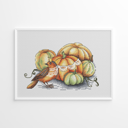 Bird Cross Stitch Pattern, Thanksgiving Wall Decor, Pumpkin Counted Cross Stitch Digital PDF File, Autumn Colors