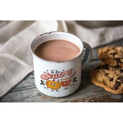 Tis the Season - Enamel Mug. Travel mug sublimated with a cozy fall motive. Autumn coffee mug. Campers gifts ideas