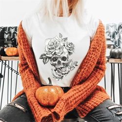 Floral Skeleton shirt, Halloween skull shirt, womens Halloween Shirt, women fall graphic tee, cute fall shirt, skeleton