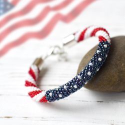 Patriotic Jewelry: USA Flag Bracelet - American Flag Beaded Bracelet for Men or Women, Red, white, blue bracelet