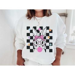 Checked Bunny Sweatshirt, Easter Holiday Sweatshirt, Bunny with Glasses and Bubblegum Sweatshirt, Cute Bunny with Ribbon