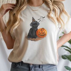 Halloween t-shirt for women Trick or Treat. Cute black cat and pumpkin. Witchy cat with hat shirt Halloween costume. T-s