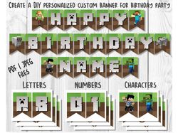 Printable Minecraft Birthday Banner PDF | JPEG, Minecraft Printable Happy Birthday Banner Letters Numbers  /  Instant Do