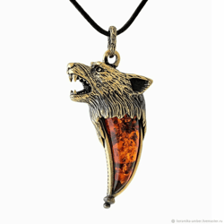 Mens Wolf jewelry fang Wolf pendant necklace Amber Amulet pendant Animal necklace Gold black brass Brutal big  pendant